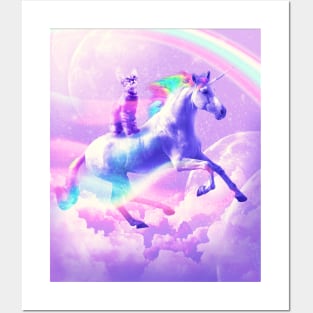 Kitty Cat Riding On Flying Unicorn With Rainbow Posters and Art